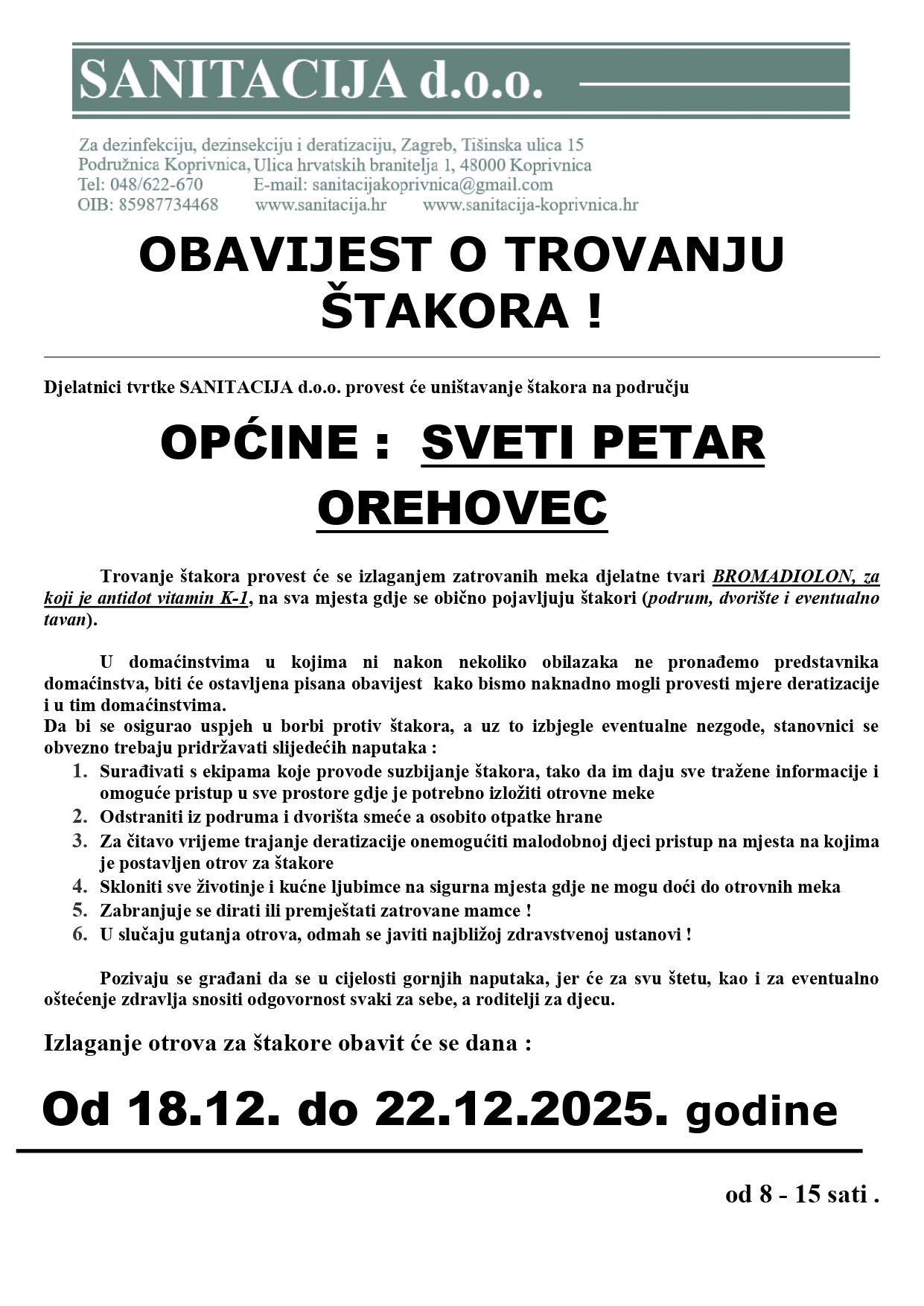 Obavijest o trovanju štakora